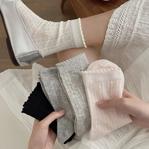 Detailed view of women's hollow mesh crew socks featuring sweet lace trim and diamond pattern
