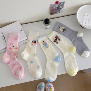 Kawaii Cartoon Dog Embroidered Mesh Crew Socks Women Thin Breathable Cotton Blend Bow Pastel Cute Fashion Hosiery