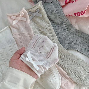 Detail of sweet bow hosiery with heart mesh knit and breathable openwork texture
