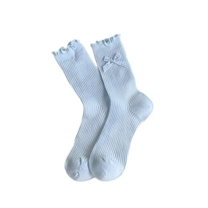 Light blue ruffle socks with ribbon bow, pastel cotton mid-calf socks for women