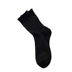 Sweet Korean style black crew socks with elegant scalloped lace edges and vertical ribs