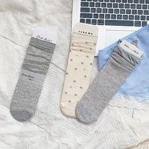 Three pairs of blue-grey hollow floral cotton socks in Japanese JK style for summer