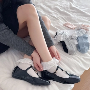 Five pairs of cute Korean style lace trim ankle socks in white, black, grey, blue and pink