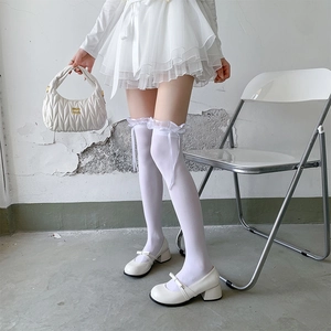 White JK Lolita over-knee socks with delicate lace ruffles and elegant satin bows