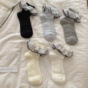 Chaussettes Femme Coton Polka Dot Dentelle Double Couche Volants Style Doux Lolita Japonais JK Mode Cheville