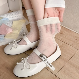 Sweet white heart pattern mesh crew socks paired with vintage Mary Jane shoes