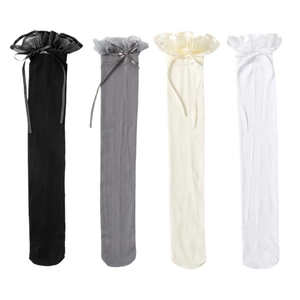 White over-the-knee socks with lace trim and bows in black, grey, beige, and white colors