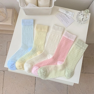 Women Mid Calf Socks Heart Hollow Out Mesh Breathable Nylon Satin Patchwork Sweet Retro Style Hosiery