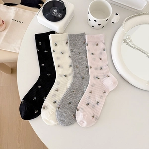 Chaussettes Mi-Mollet En Coton Pour Femmes Style Japonais Broderie Florale Tricot Côtelé Respirant