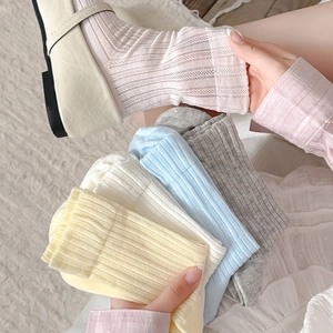 Detailed view of women's pastel ribbed mesh socks with breathable cotton texture