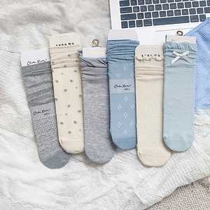 Women Cotton Blend Crew Socks Hollow Out Floral Pattern Bowknot Decor Frilled Cuffs Japanese JK Style Fresh Cute Socks