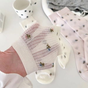 Gros plan de chaussettes en résille à fleurs montrant la texture et les motifs floraux