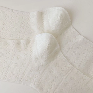 Detail of white lace mesh baby socks with hollow heart patterns and woven texture