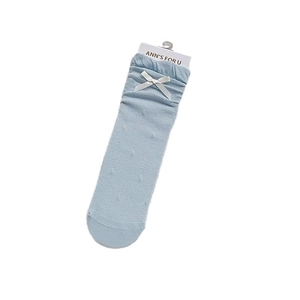 Light blue mesh socks for women featuring elegant white bows and ruffled lace cuffs