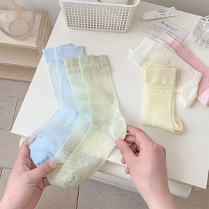 Detail of macaron heart pattern mesh socks showing breathable hollow knit and elasticity