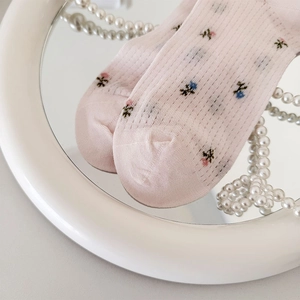 Détail de chaussettes rose clair à fleurs avec texture en maille et broderies fines