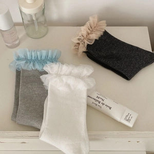 Détail de la bordure en dentelle sur chaussettes en coton gris et blanc style doux