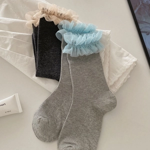 Détail de chaussettes grises avec volants en dentelle et texture tricotée côtelée