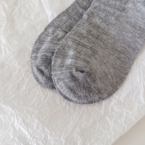 Macro detail of breathable grey knit socks showing high-quality toe seam and texture