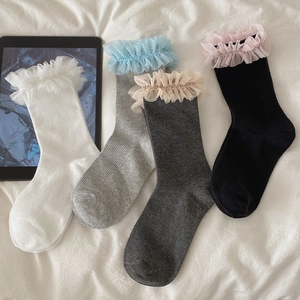 Chaussettes Mi-Mollet Femmes Coton Côtes Dentelle Maille Bordure Volants Doux Style Japonais JK Lolita Mode Respirant Couleur Unie