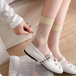 Detail of sheer mesh socks with heart pattern paired with white Mary Jane shoes