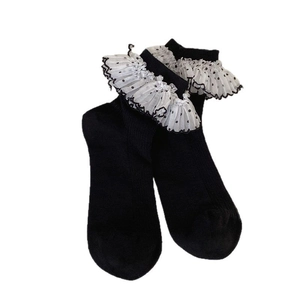 Chaussettes noires style Lolita avec volants en dentelle et pois pour femmes et filles