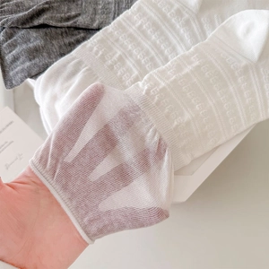 Detailed view of breathable mesh texture on thin summer slouch socks in white and grey