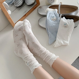 Women's bow print cotton crew socks with puppy embroidery and ruffled lettuce edge