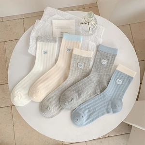 Women Crew Socks Cotton Blend Breathable Ribbed Heart Embroidery Bow Sweet Japanese Style