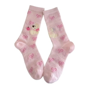 Pink mesh lace socks with sweet bow patterns and cute cartoon dog embroidery detail