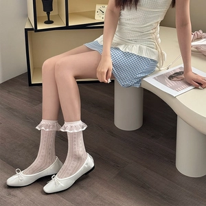 Detailed view of white mesh lace socks with elegant ruffled cuffs and vintage style