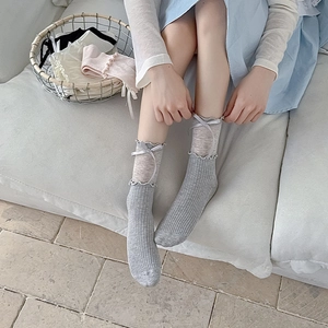 Grey ballet style ribbon bow crew socks with mesh ruffle trim for a sweet feminine look