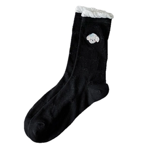 Japanese style black cotton crew socks with white lace trim and cute puppy embroidery