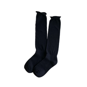 Japanese style black cotton knee high socks with elegant ruffle edge for daily wear