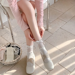 Ballet style calf socks with ribbon bows and mesh trim paired with Mary Jane shoes