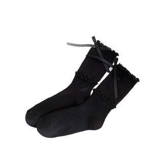 Ballet-style black mid-calf socks with cute mesh stitching and ribbon bow details