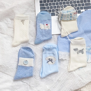 Cute Japanese style blue and white crew socks with puppy patches and bowknot lace cuffs
