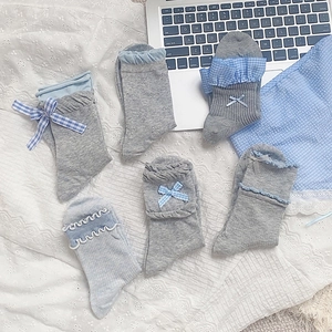 Women Crew Socks Cotton Sweet Bowknot Plaid Ruffle Trim Ribbed Knit Japanese Style Mid Calf Hosiery