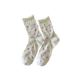 White crew socks for women featuring colorful polka dots and breathable mesh rib texture