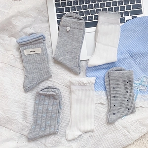 6-pack white and grey lace trim socks with heart buttons and dot patterns