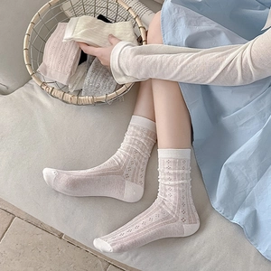Close-up of hollow lace mesh patterns on breathable cotton socks for women