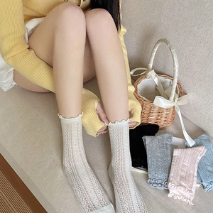 Detail view of mesh hollow knit texture and ruffled lace edges on women's crew socks