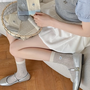 Detail of sweet heart embroidery on soft cotton mesh socks with vertical ribbed texture