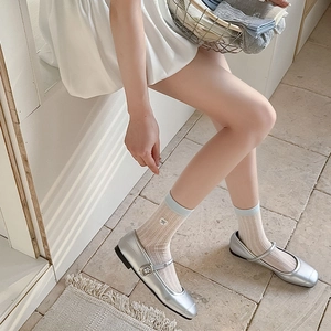 Silver Mary Jane shoes paired with heart embroidery striped sheer socks in ballet style