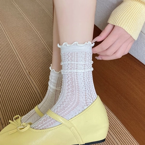 Close-up of white lace socks with ruffled edges and hollow-out wave patterns