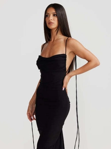 Elegant black cowl neck slip dress with strapless back and drawstring ties for formal events
