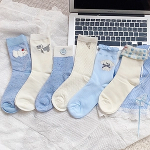 Women Mid Calf Socks Cotton Japanese Style Cute Dog Embroidery Bow Knot Ruffle Lace Casual Breathable