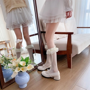 Detail of white Lolita lace socks and Mary Jane shoes shown in a home mirror reflection