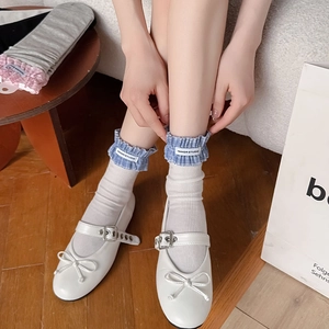 Chic women mid-calf socks with blue checkered frill trim and logo label in soft knit