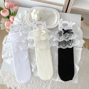 Women Lace Crew Socks Nylon Breathable Hollow Knit Sweet Lolita JK Style Bow Tie Polka Dot Mesh Trim